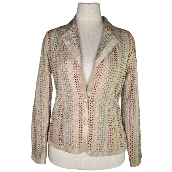 Chico’s 100% Silk Embroidered Blazer Jacket Multicolor Boho Luxe Size 1 - Picture 1 of 6